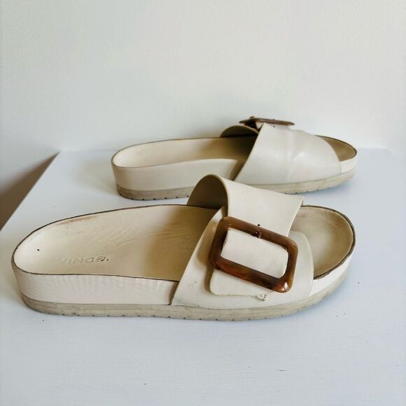 Vince Grant Buckle Slide Sandal – Leather, Neutral Beige, Size 7 - Picture 3 of 6